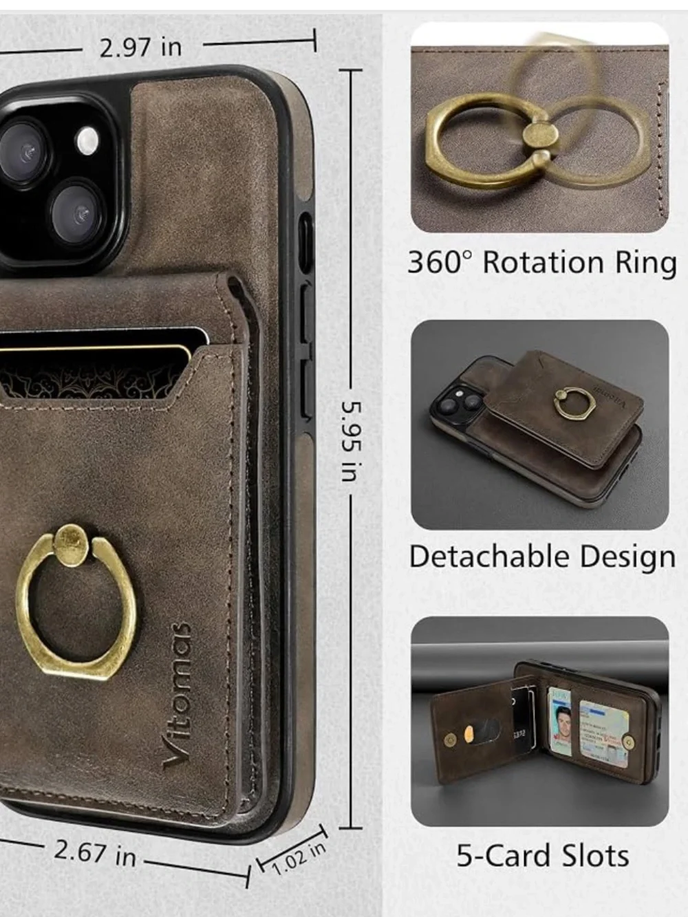 3/$20 - Vitomas Brown Leather Wallet Ring iPhone 15 Case
